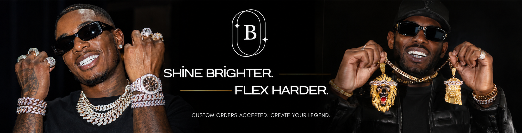 BlueIce Gems homepage banner featuring custom hip hop jewelry including iced out chains, pendants, watches, bracelets, rings, and grillz.