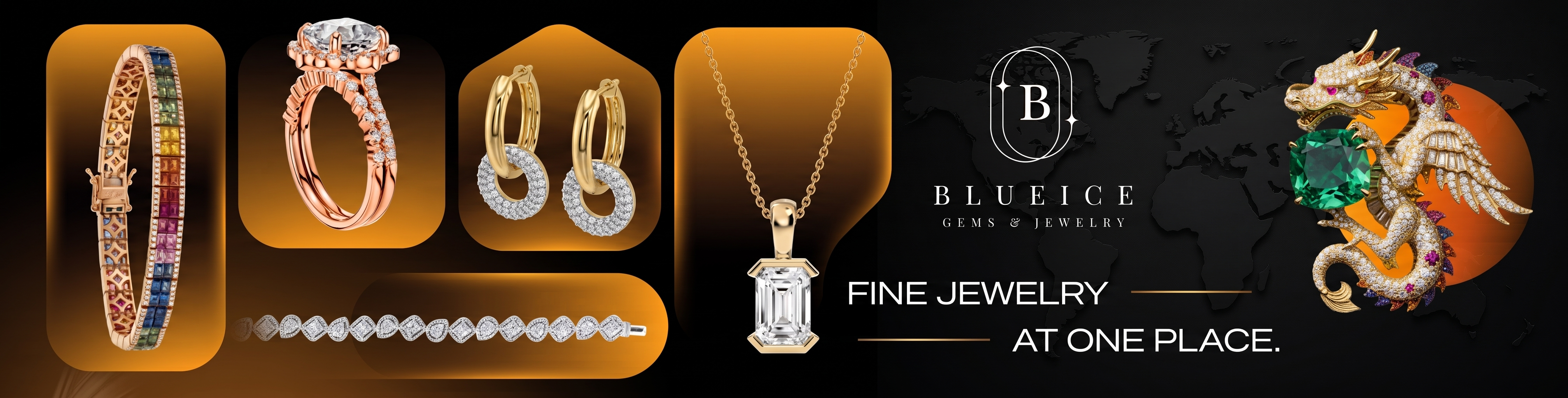 BlueIce Gems fine jewelry collection featuring moissanite and lab-grown diamond rings, earrings, bracelets, pendants, and custom statement jewelry.