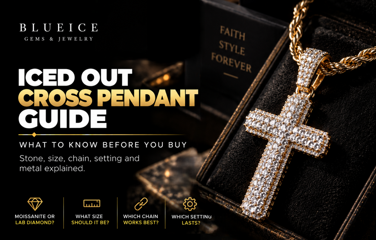 Iced out cross pendant with sparkling stones and gold chain, illustrating a guide to choosing the stone, size, chain, setting, and metal for a cross pendant.
