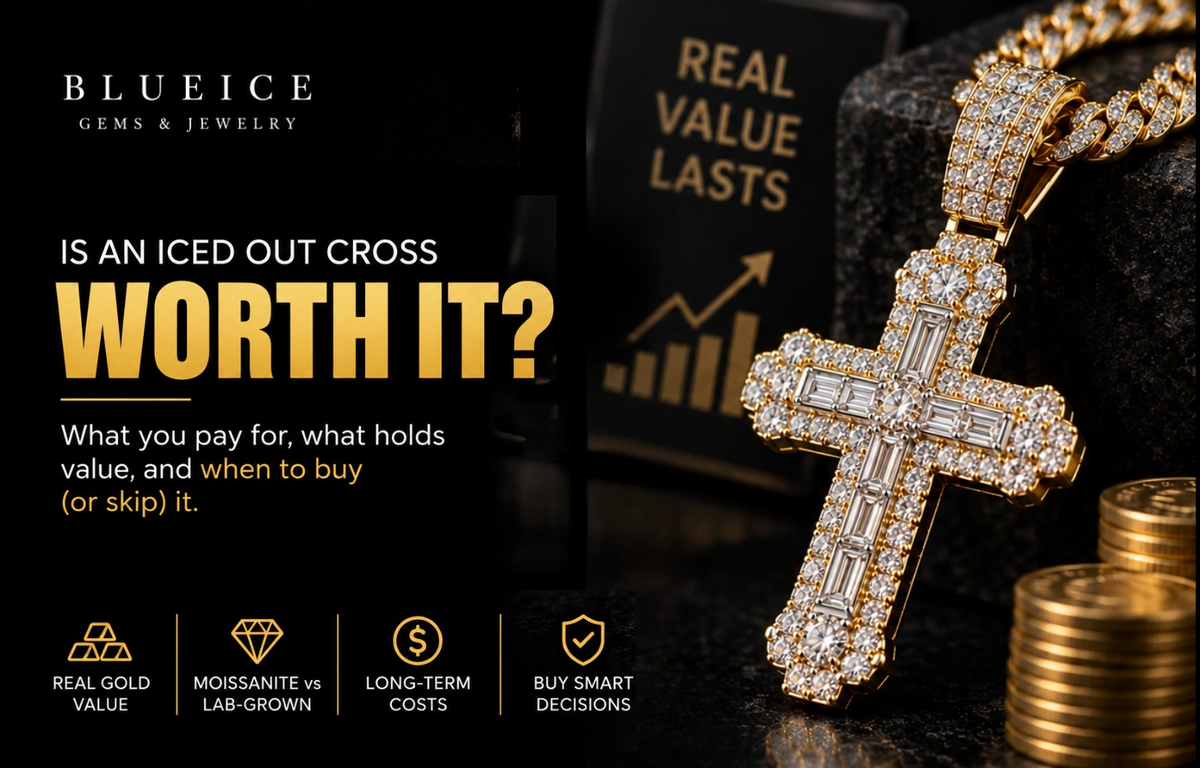 Iced out cross pendant in gold with a Cuban link chain, illustrating what you pay for, what holds value, and whether an iced out cross is worth buying.