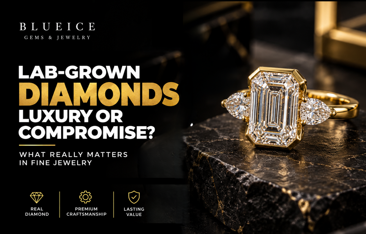 Lab-grown diamond three-stone ring in polished yellow gold displayed on a dark stone surface, featuring a large emerald-cut center diamond and pear-shaped side stones with dramatic luxury lighting