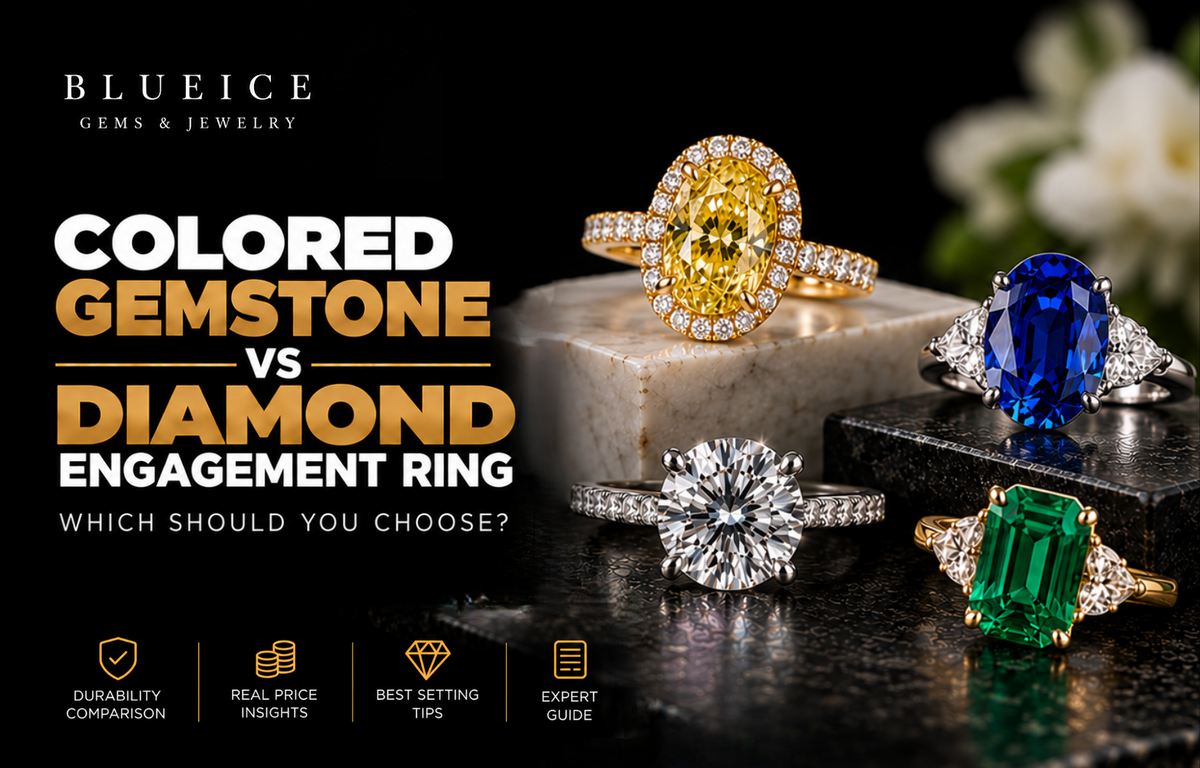 Colored gemstone vs diamond engagement ring featuring yellow diamond, blue sapphire, white diamond, and green emerald rings