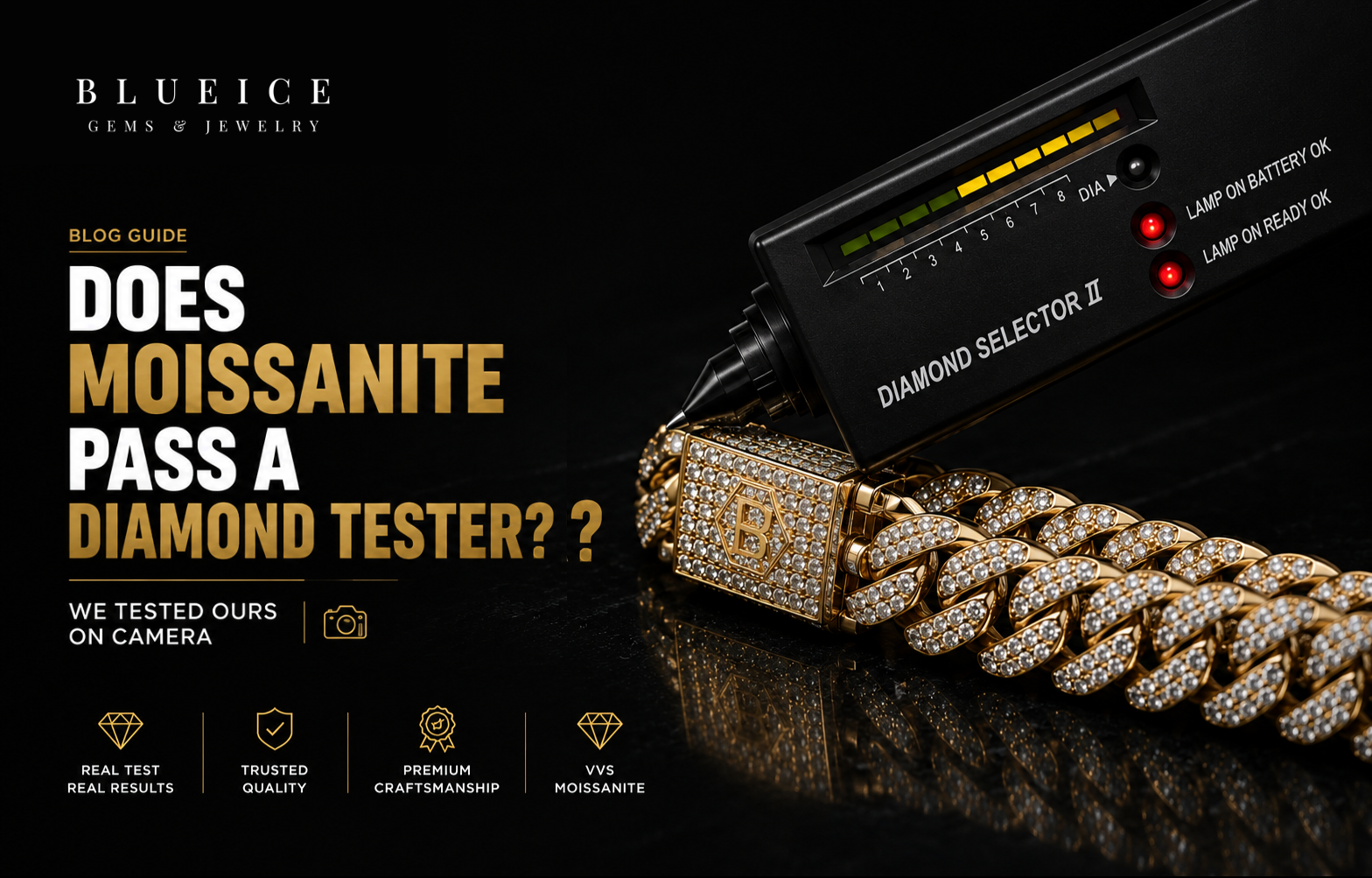 Diamond tester checking a moissanite Cuban link chain to explain whether moissanite passes a diamond tester.