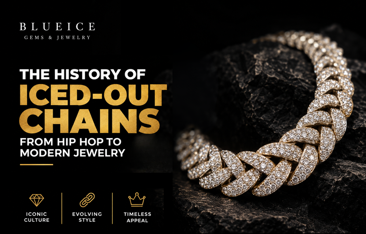 The History of Iced-Out Chains  luxury diamond-encrusted Cuban link chain on a black rock background, representing the evolution of iced-out jewelry from hip hop to modern jewelry.