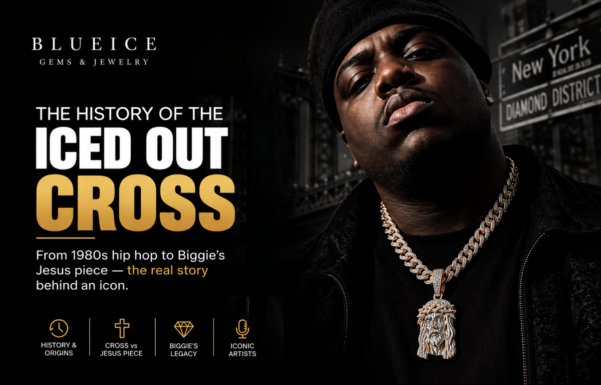 Iced-out cross pendant worn with a diamond Cuban link chain, illustrating the history of cross jewelry in hip hop from the 1980s to Biggie’s Jesus piece