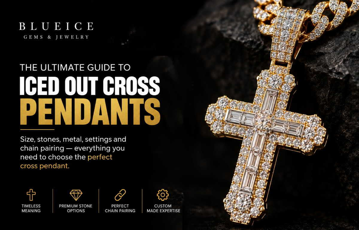 Iced out cross pendant with a diamond-encrusted gold design and Cuban link chain, featured alongside a guide to pendant size, stones, metal, settings, and chain pairing.