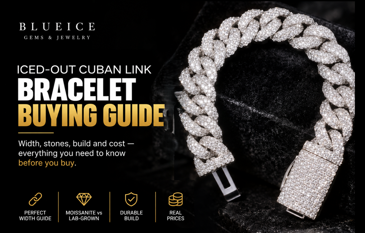 Iced-out Cuban link bracelet displayed on black velvet, illustrating a buying guide covering bracelet width, stone options, durable construction, and cost.