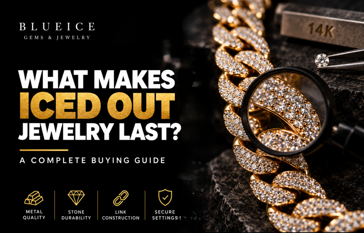 Iced out jewelry buying guide showing a gold Cuban link chain, magnifying loupe, loose gemstone and 14K gold marker