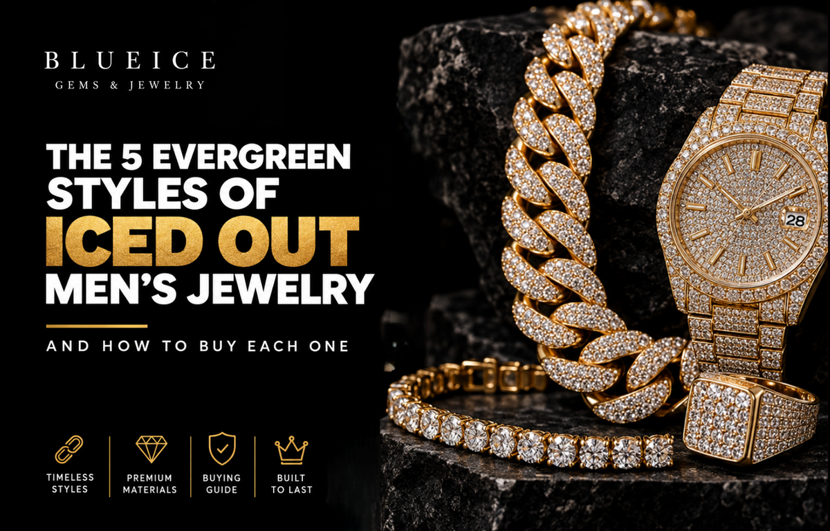 Five evergreen iced out men's jewelry styles including a moissanite Cuban link chain, tennis bracelet, bust down watch and signet ring in gold