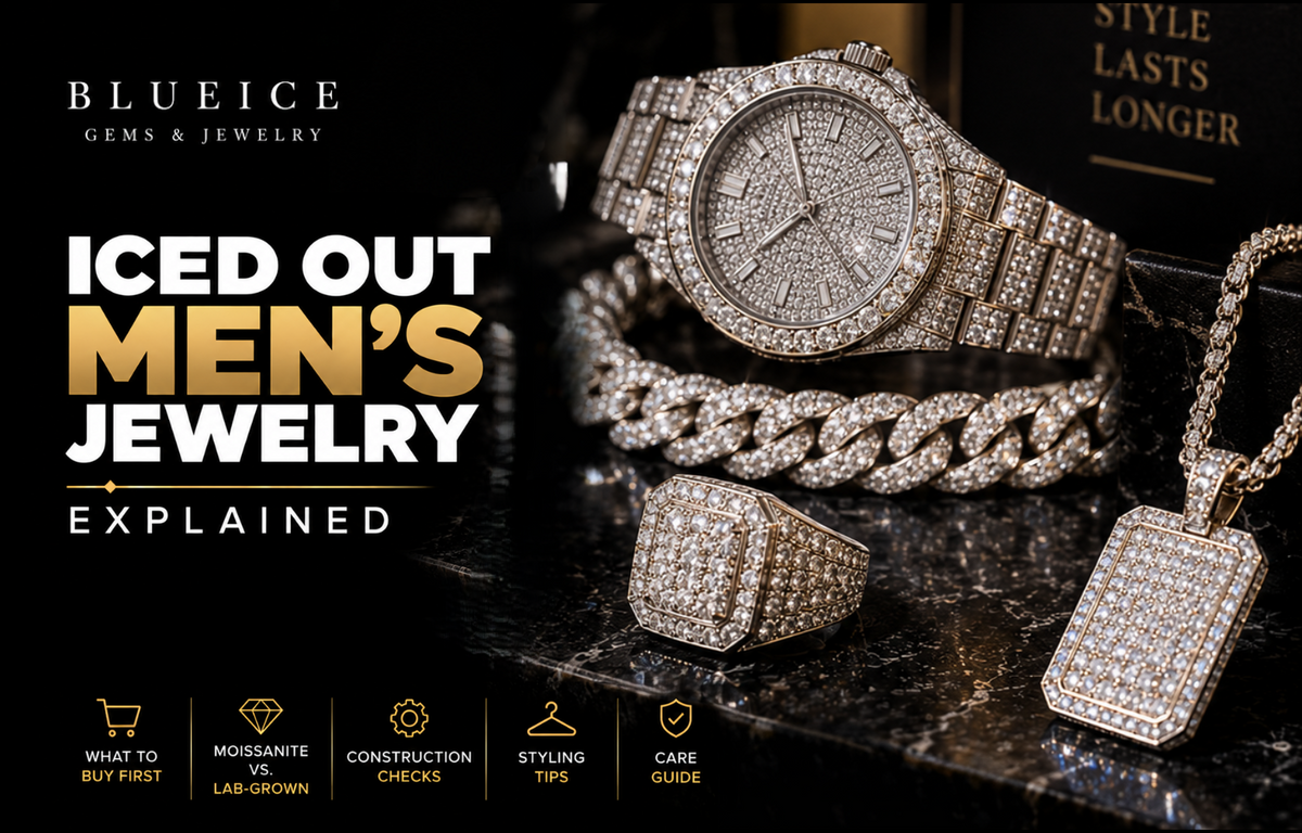 Iced out men's jewelry guide featuring a diamond-encrusted watch, Cuban-link chain, iced ring, and pendant, covering buying tips, moissanite vs. lab-grown diamonds, construction, styling, and care.