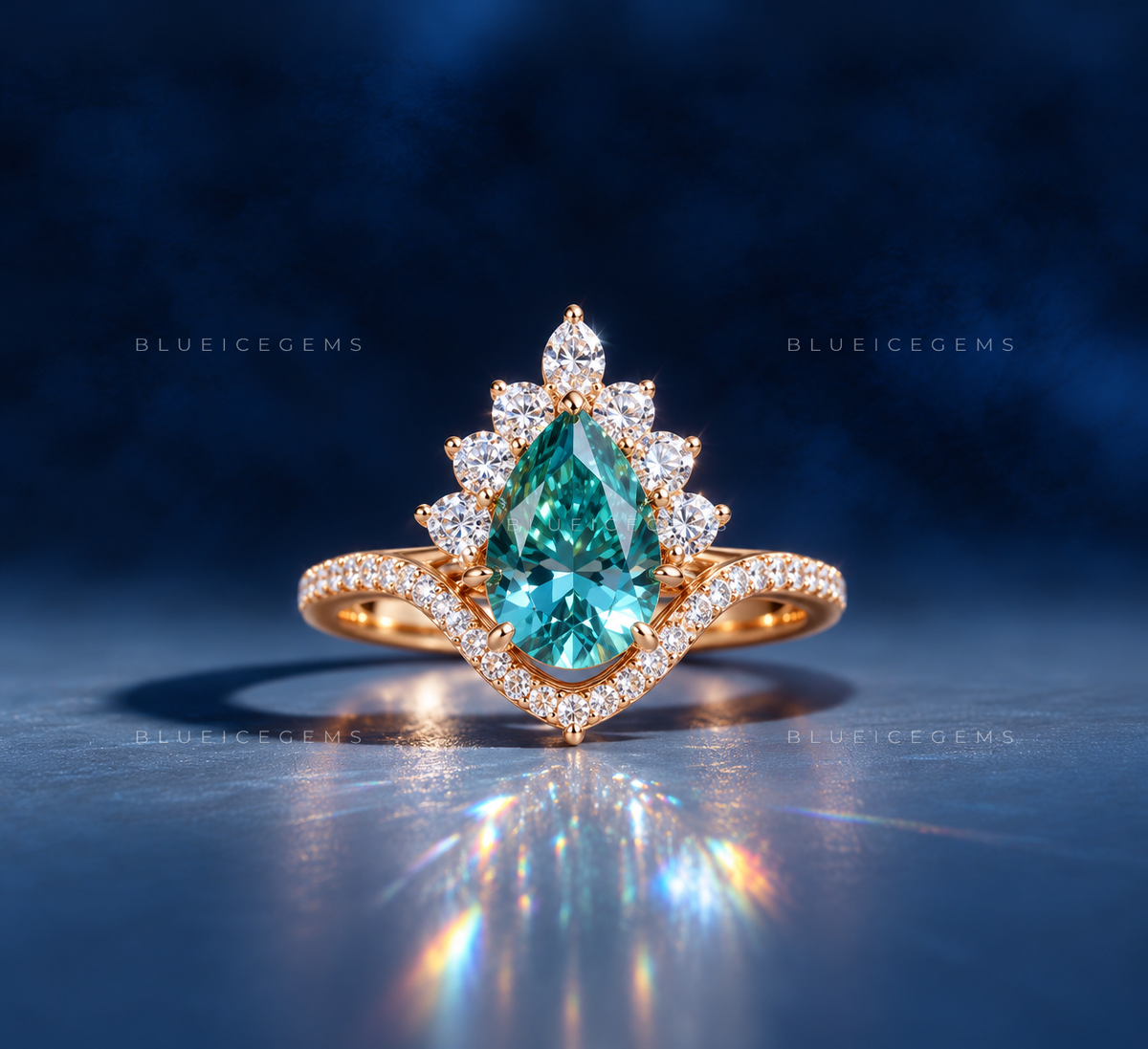 Azure Waters Pear Cut Cyan Blue Floral Ring