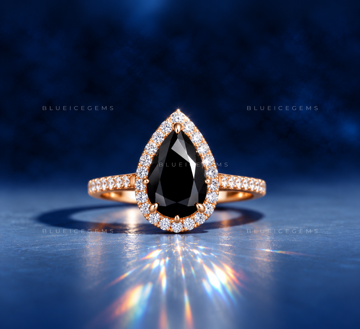 Midnight Velvet Pear Cut Black Moissanite Halo Ring