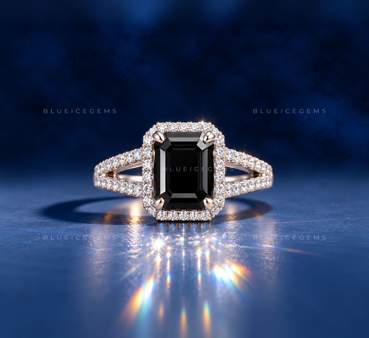 Noir Opulence Emerald Cut Black Moissanite Split Shank Ring
