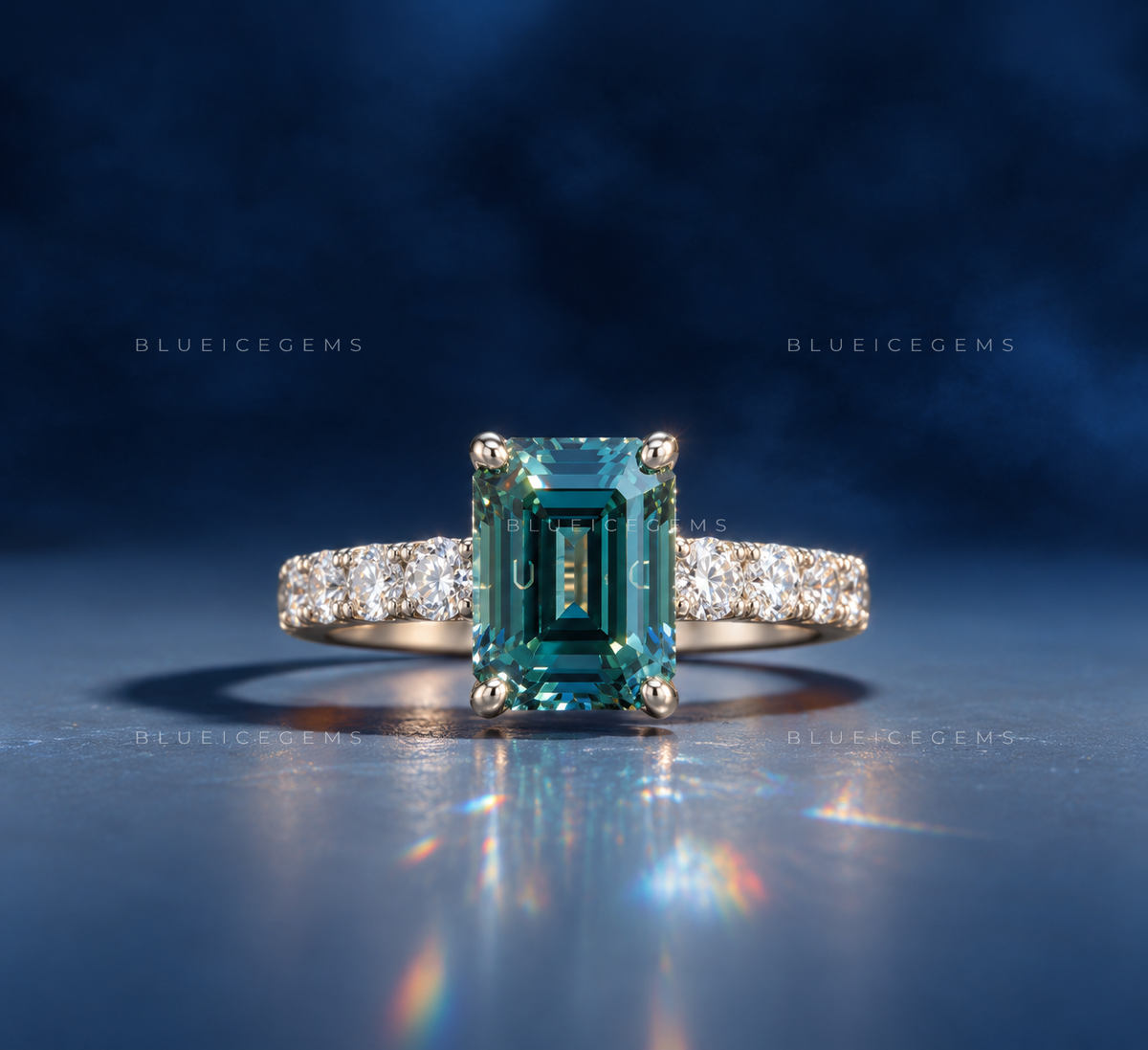 Azure Horizon Emerald Cut Cyan Blue Trilogy Ring