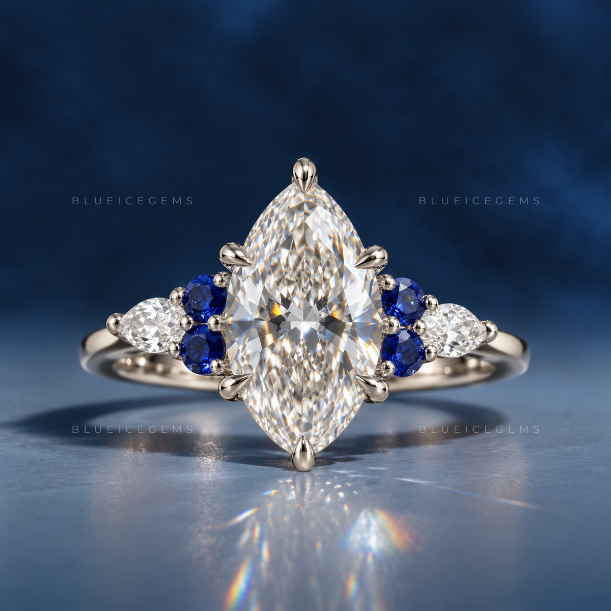 Royal Sapphire Splendor Marquise Cut Three-Stone Accent Ring