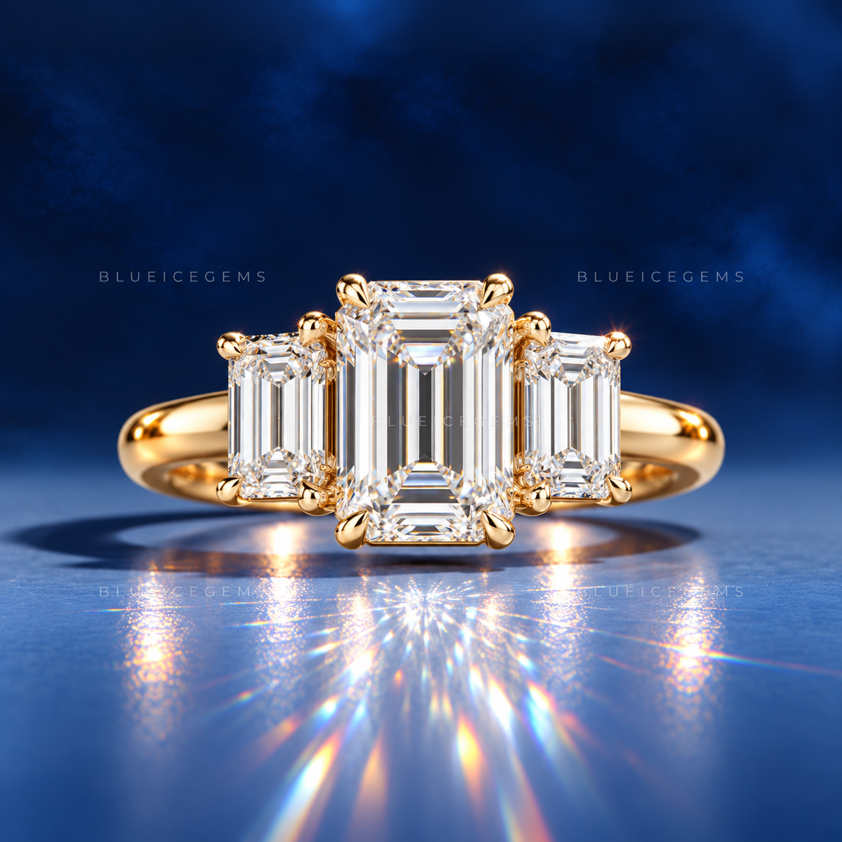 Architectural Elegance Emerald and Trapezoid Cut Trilogy Ring