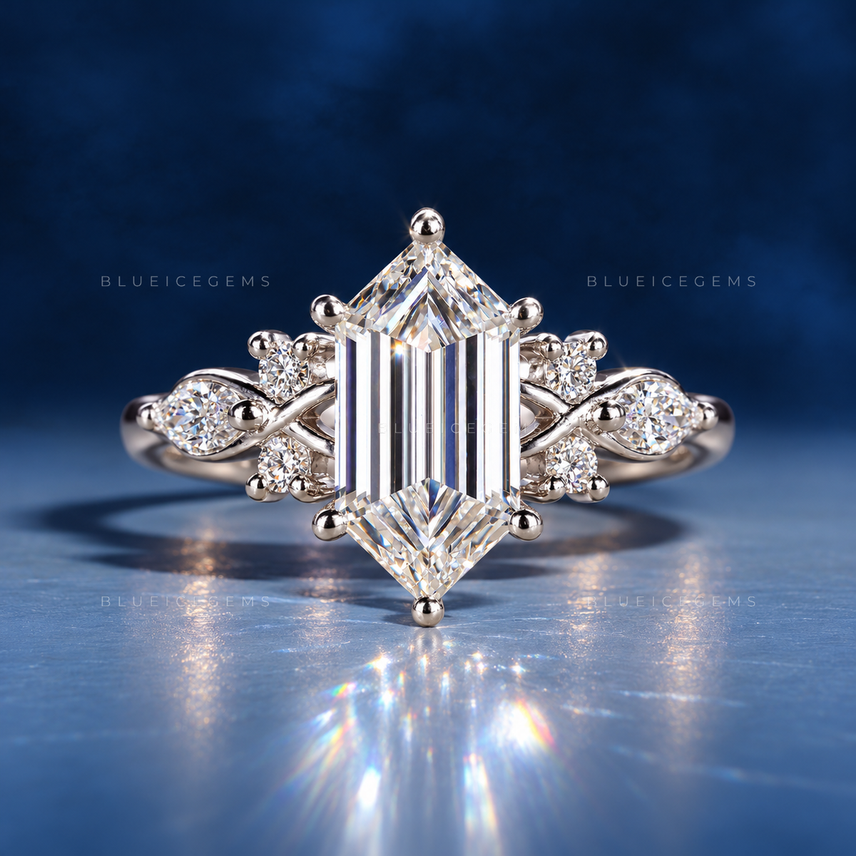 Architectural Radiance Hexagon and Marquise Floral Engagement Ring