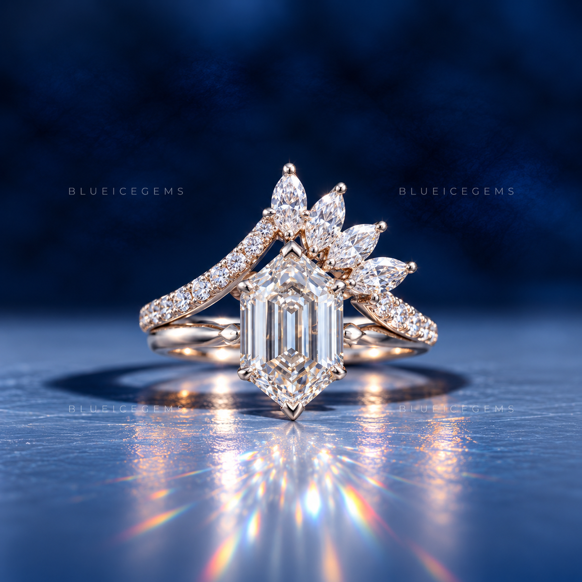 Architectural Radiance Hexagon and Floral Diamond Bridal Set