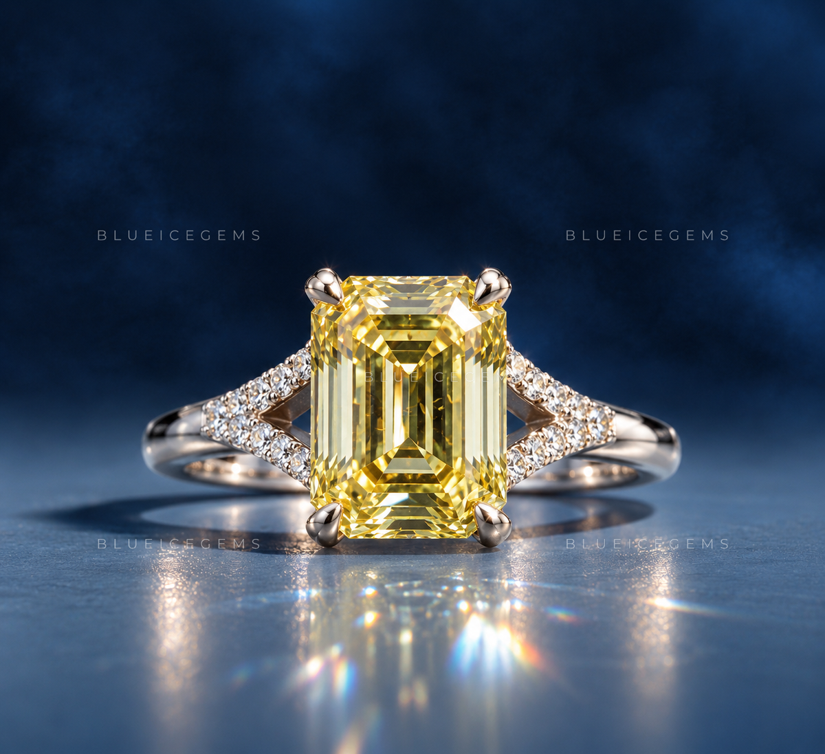 Golden Canary Emerald Cut Split Shank Ring