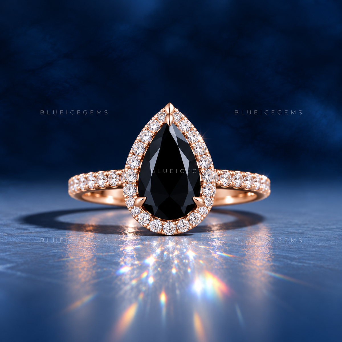 Midnight Eclipse Pear Cut Moissanite Pavé Engagement Ring