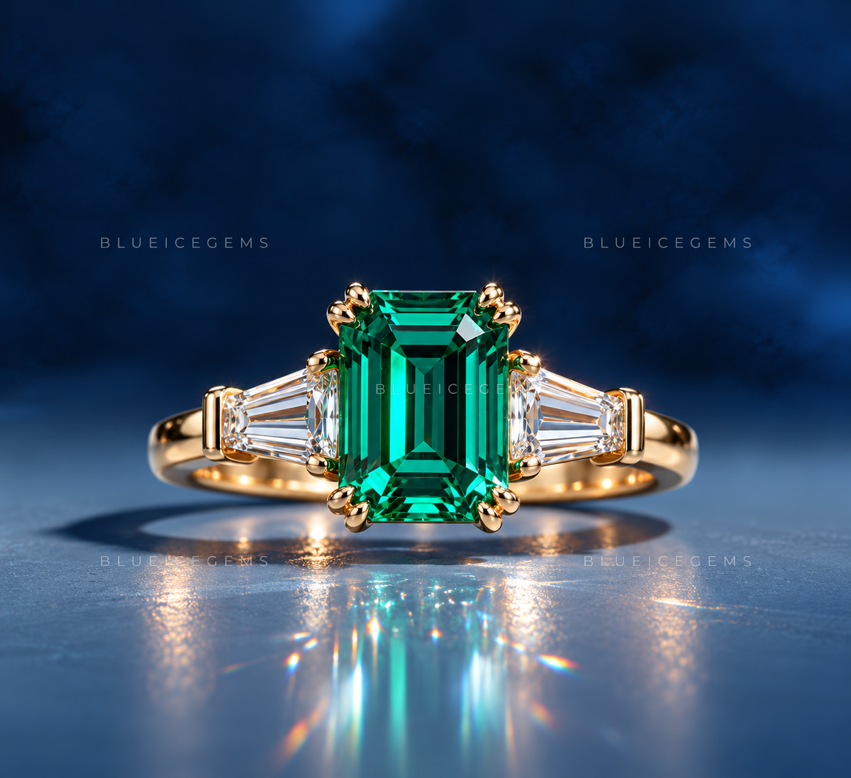 Verdant Elegance Emerald Cut Three-Stone Ring