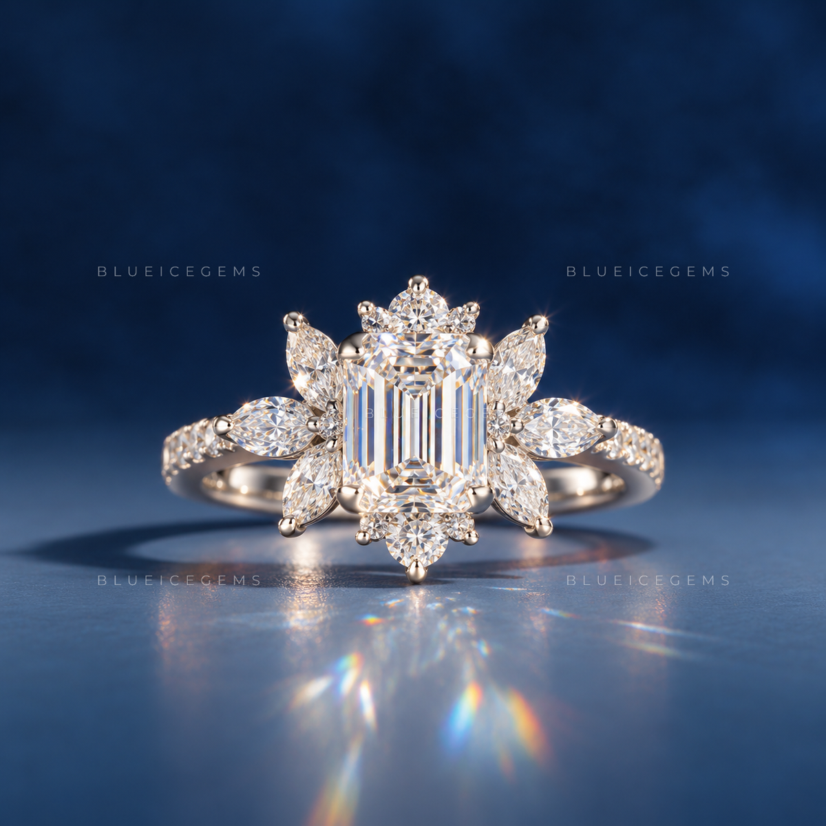 Architectural Radiance Hexagon Step Cut Floral Engagement Ring