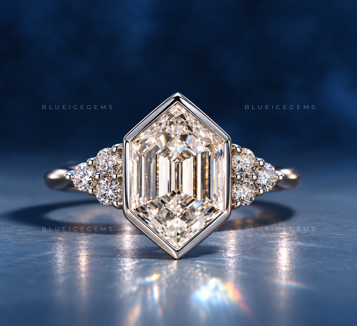 Architectural Sophistication Hexagon Step Cut Trilogy Engagement Ring