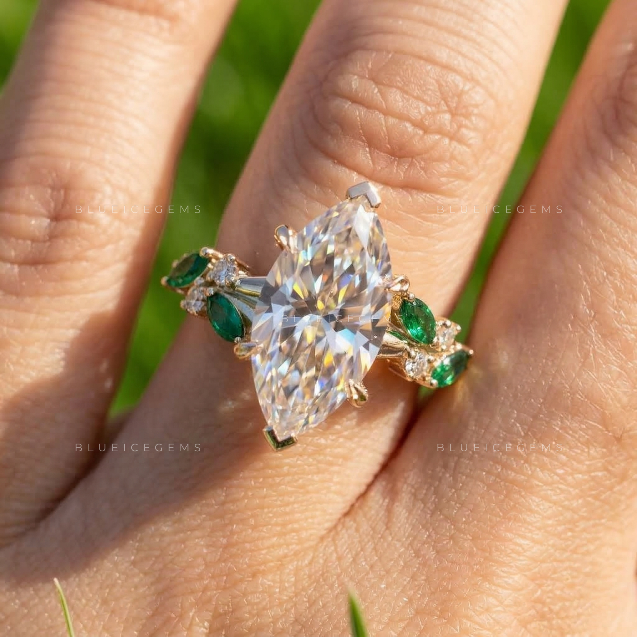 Botanical Harmony Marquise and Emerald Cluster Ring
