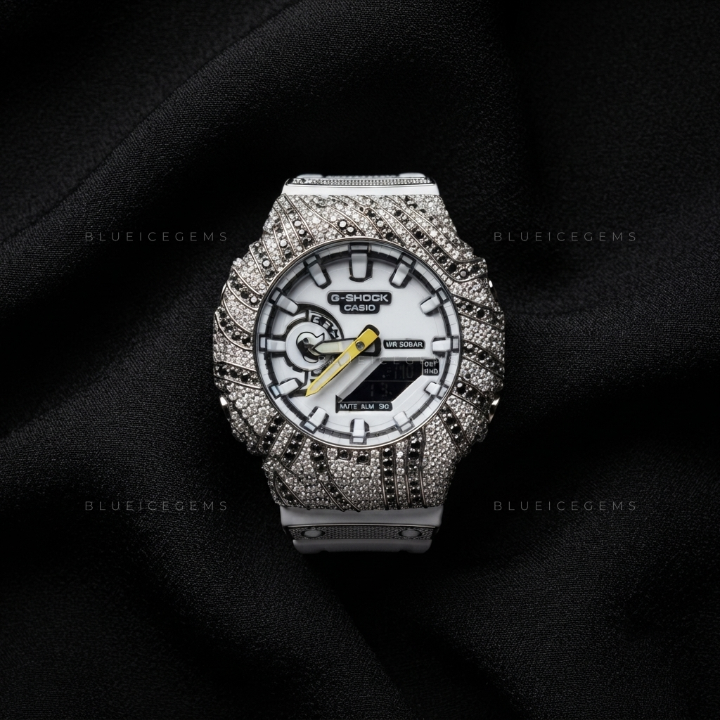 Arctic Noir Bust Down Watch – Hand-Set Moissanite