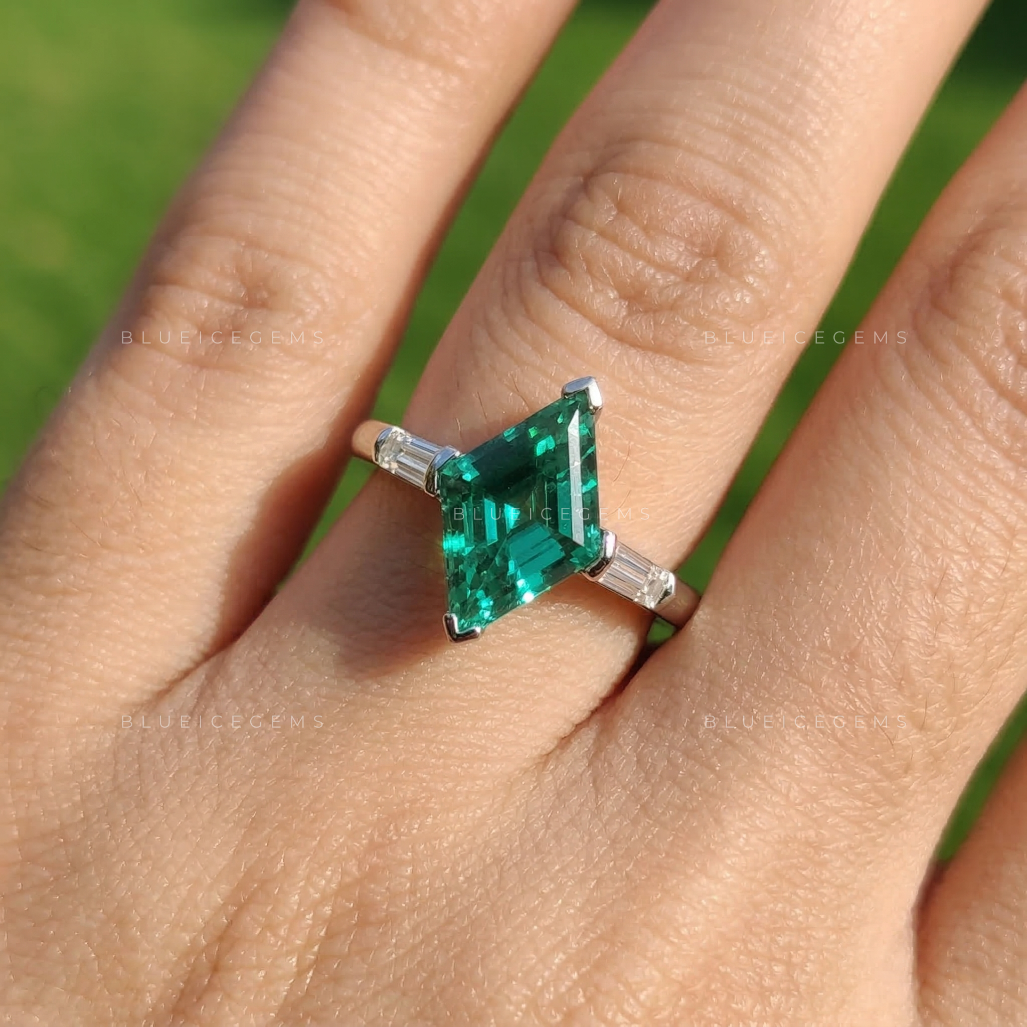 Mystic Forest Lozenge Cut Baguette Three Stone Ring