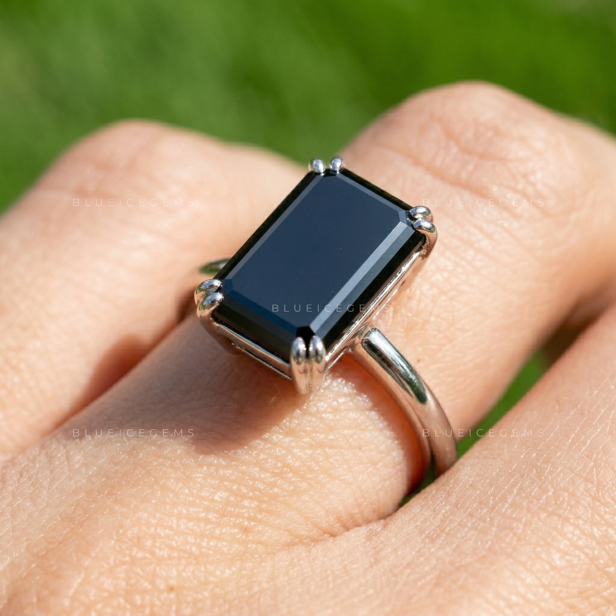 Midnight Noir Elongated Emerald Cut Black Diamond Solitaire Ring