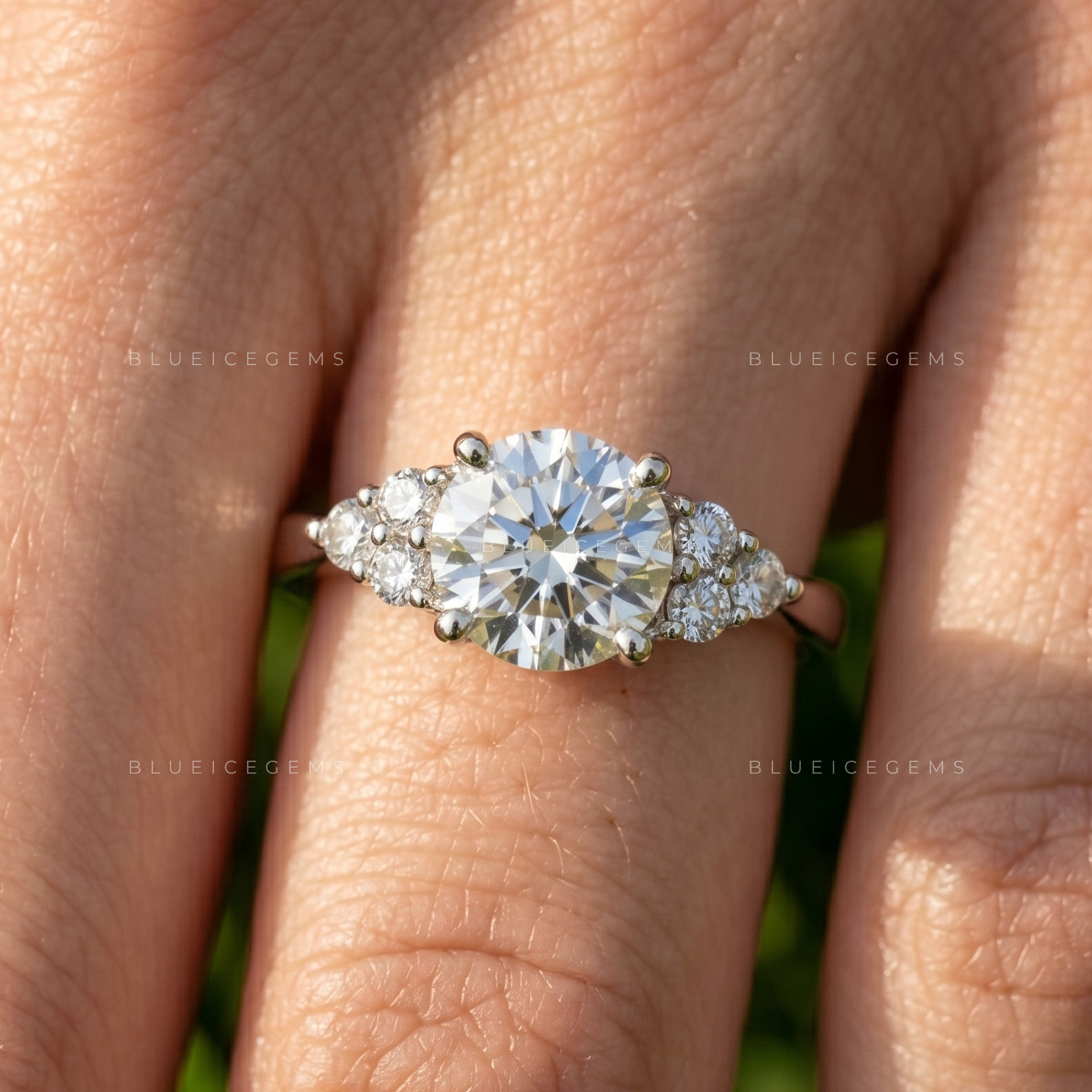 Exquisite Splendor Round Brilliant Cut Solitaire Engagement Ring with Muse Accent Setting Birthday Gift Band