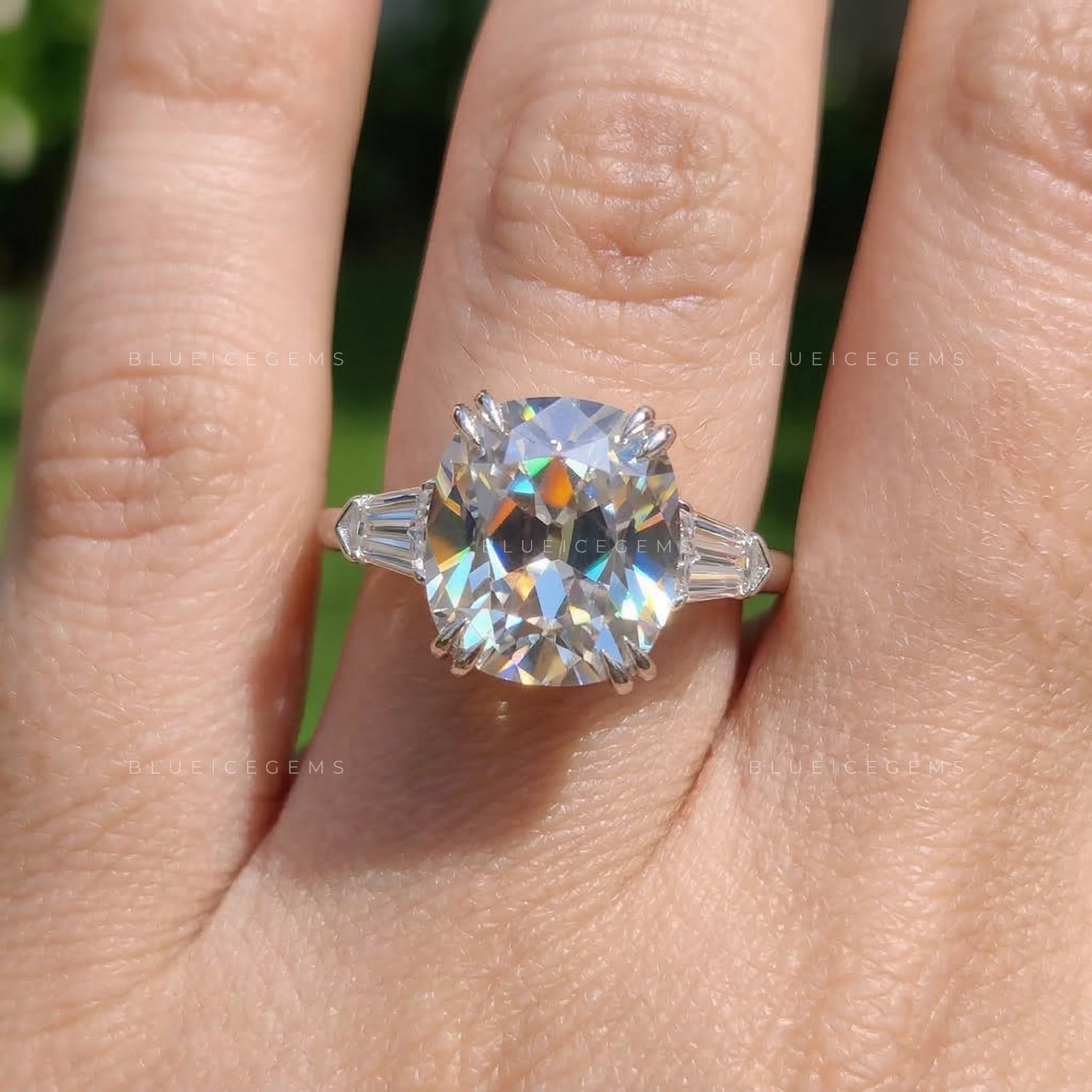 Antique Luster Cushion Old European Bullet Three Stone Ring