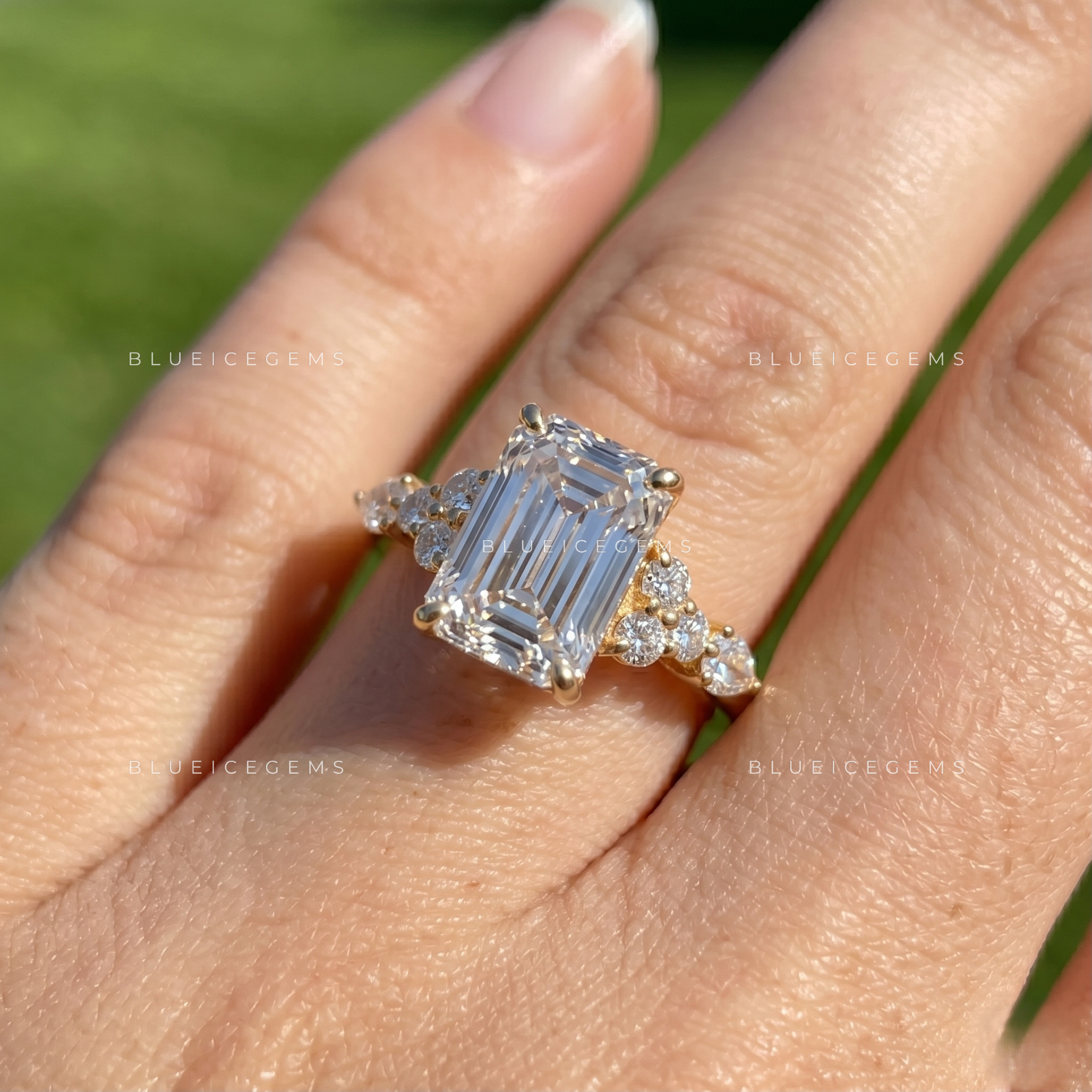 Regal Horizon Emerald Cut Cluster Engagement Ring