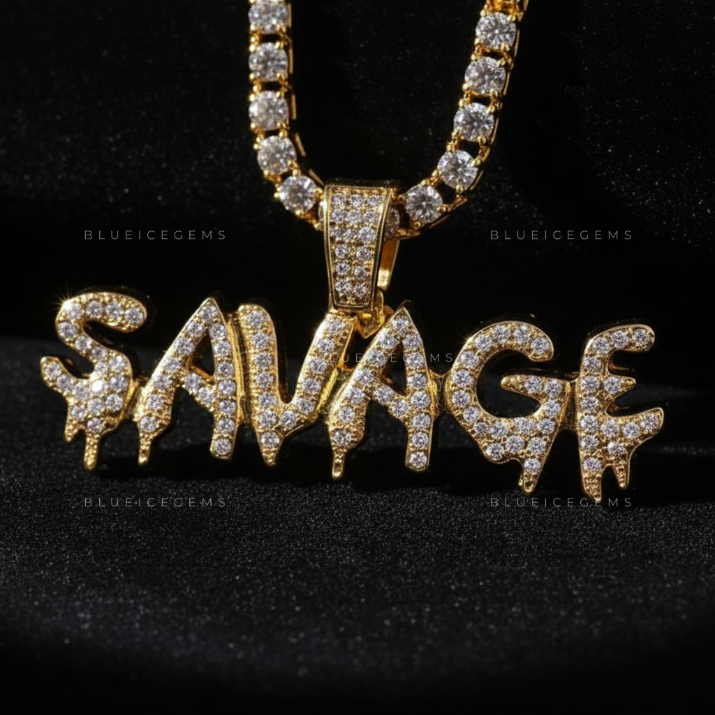 The "SAVAGE" Drip: Liquid-Effect 3D Bubble Script & Golden Halo Pendant