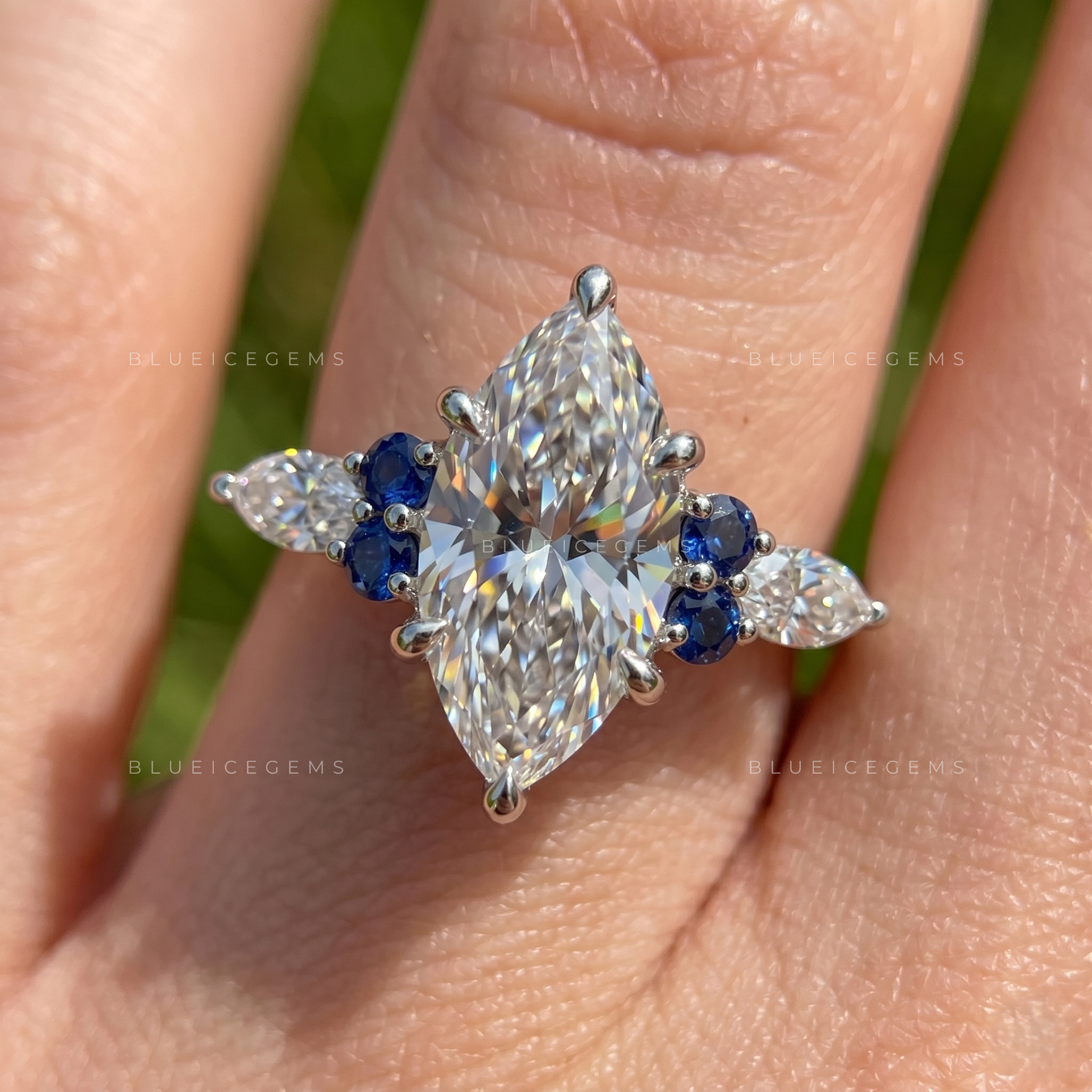 Royal Blossom Marquise Cut Sapphire Accent Engagement Ring