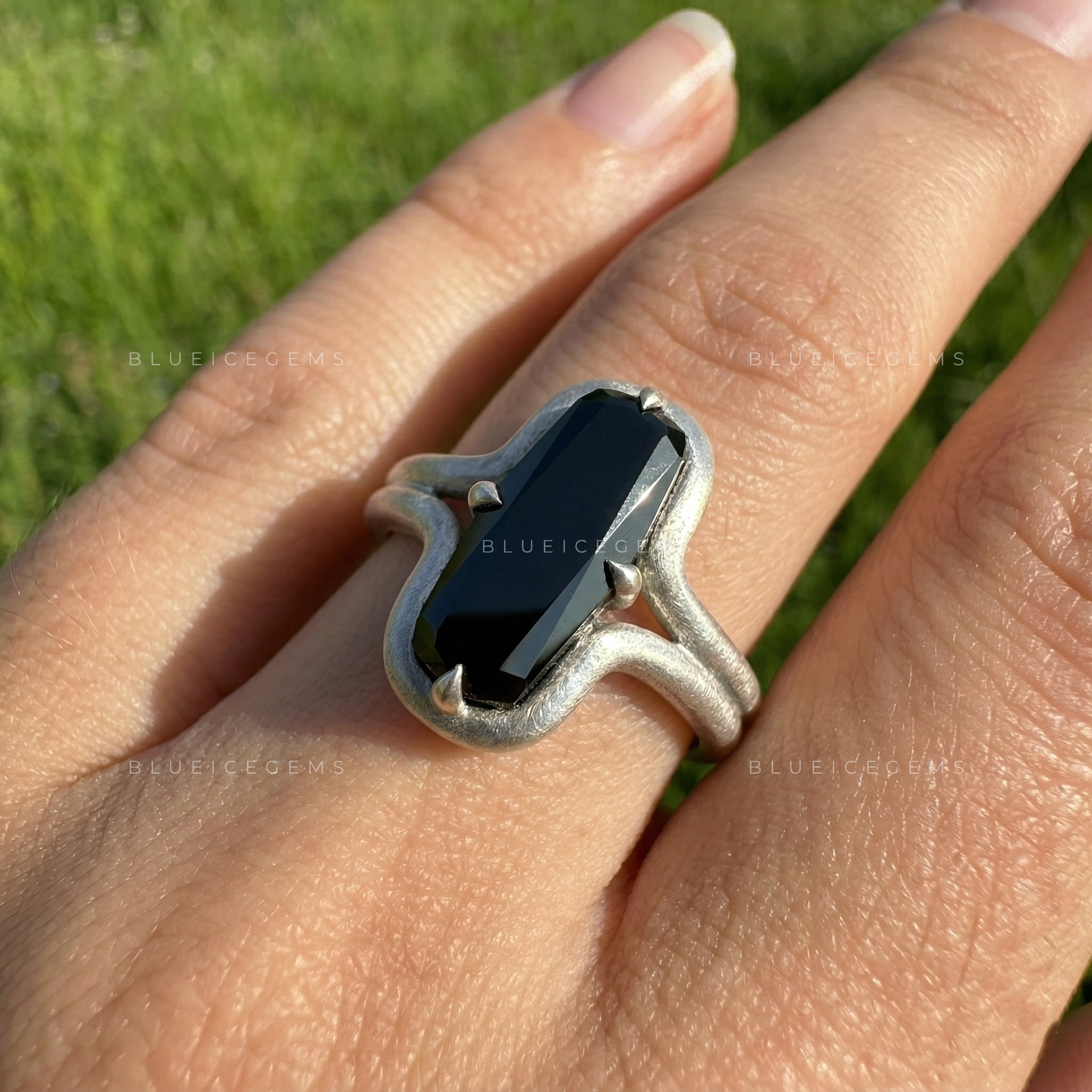 Midnight Noir Cushion Cut Black Moissanite Compass Set Ring