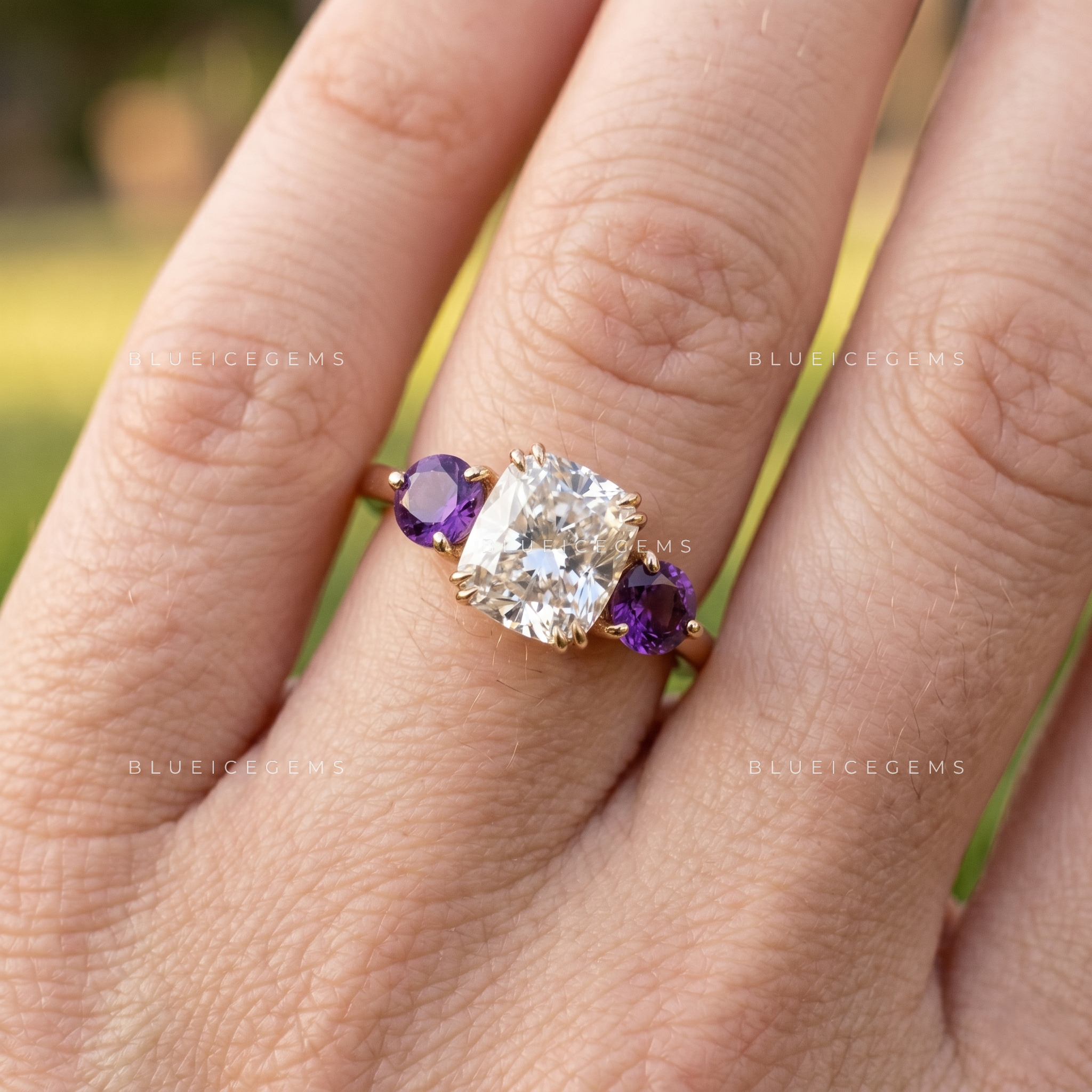 Velvet Harmony Cushion Cut Amethyst Accent Engagement Ring