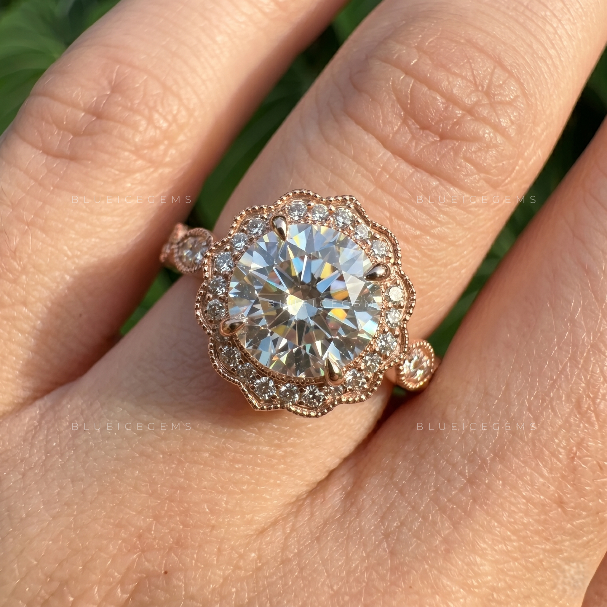 Art Deco Round Cut Halo Cathedral Engagement Ring