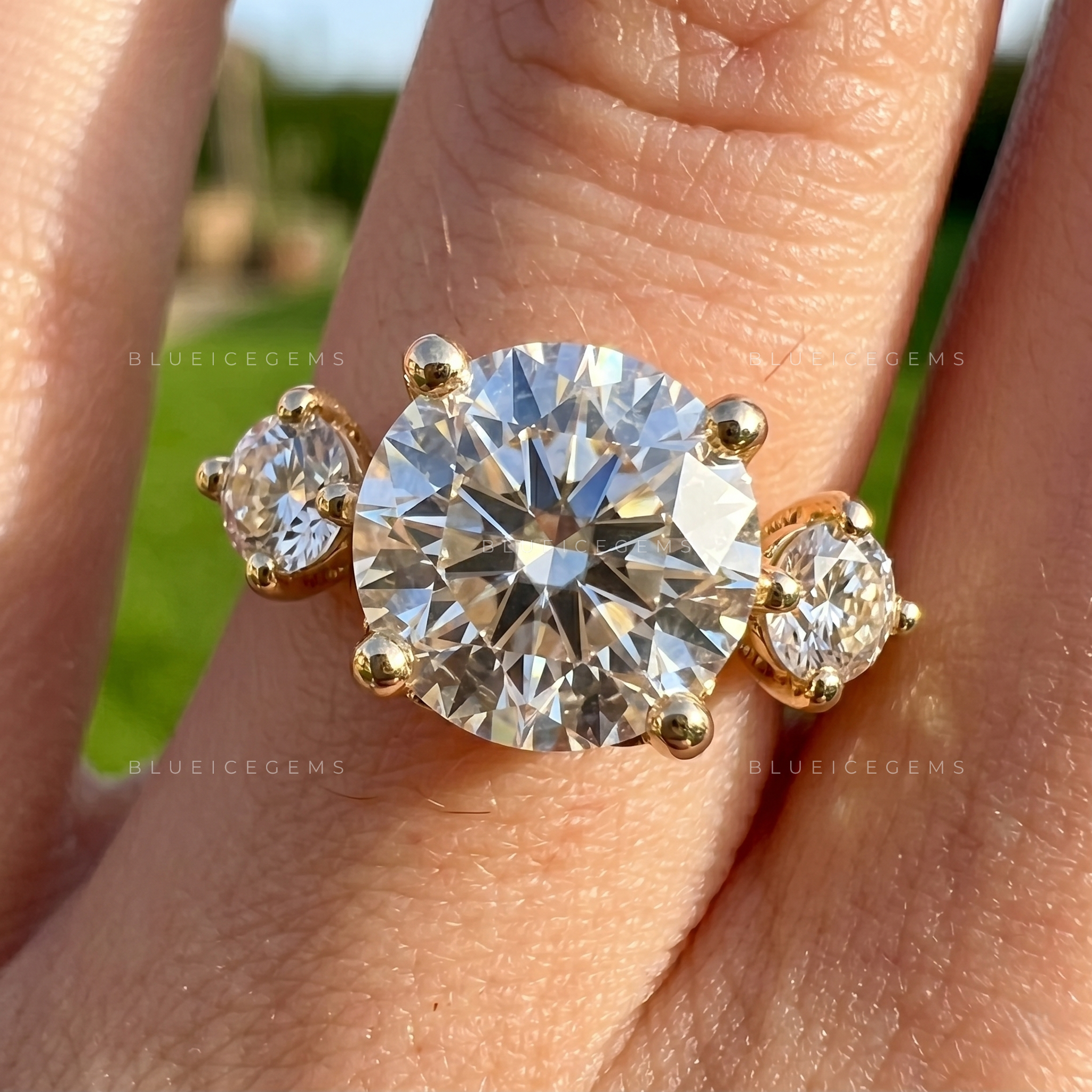 Radiant Three-Stone Round Brilliant Cut Heirloom Engagement Ring