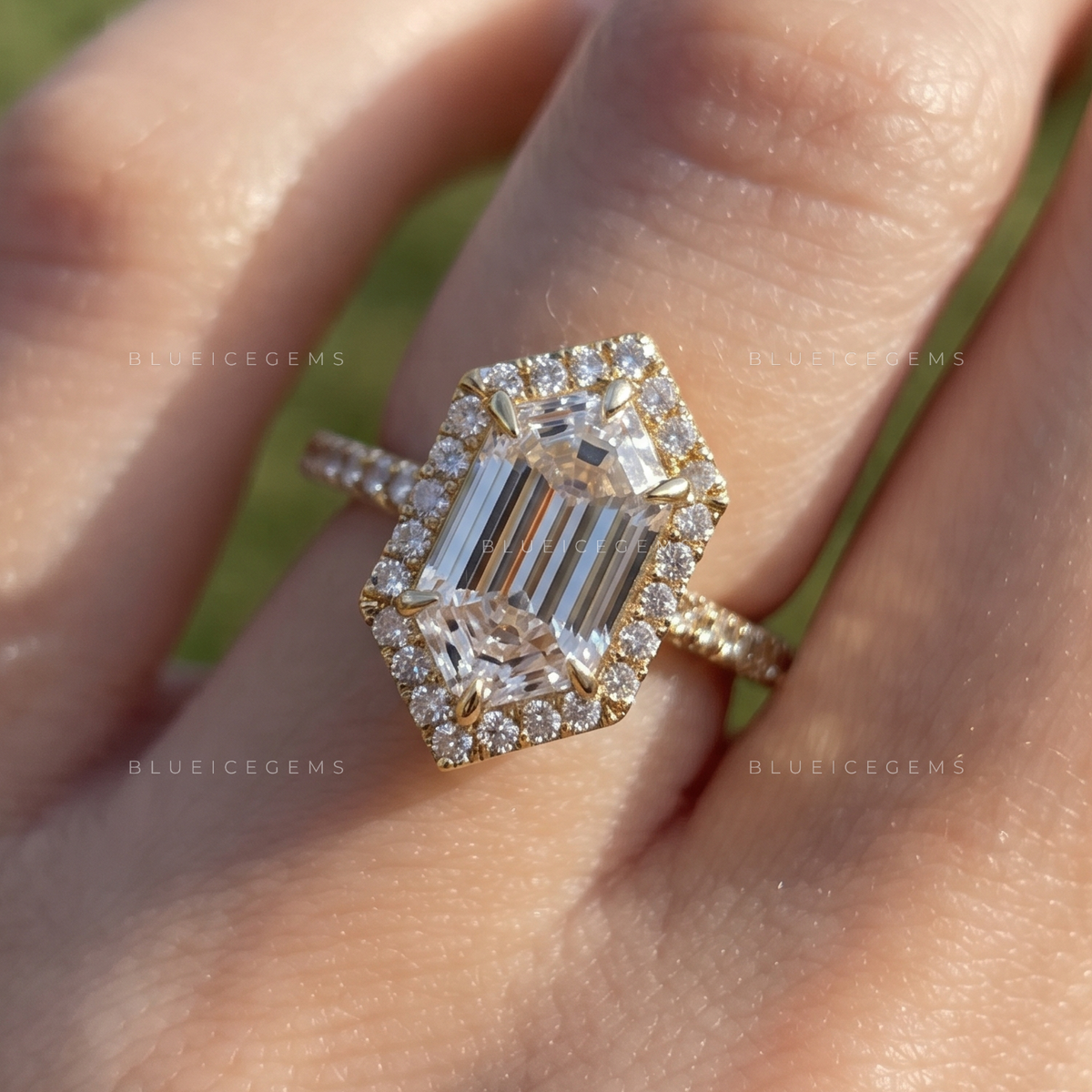 Celestara Elongated Hexagon Halo Pavé Engagement Ring