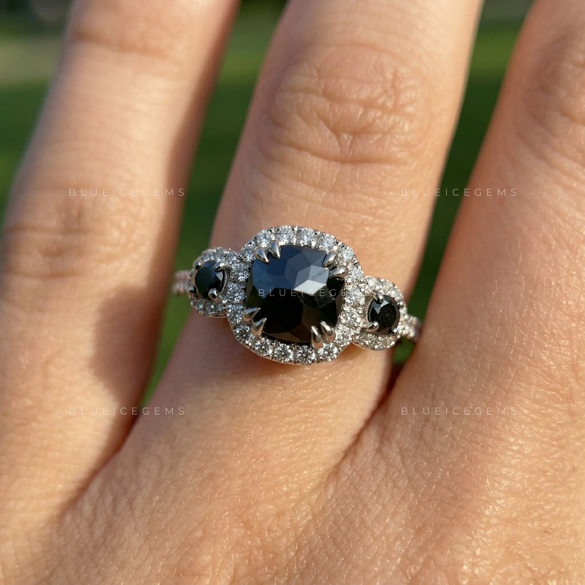 Midnight Noir Flower Cushion Cut Black Diamond Vintage Halo Ring