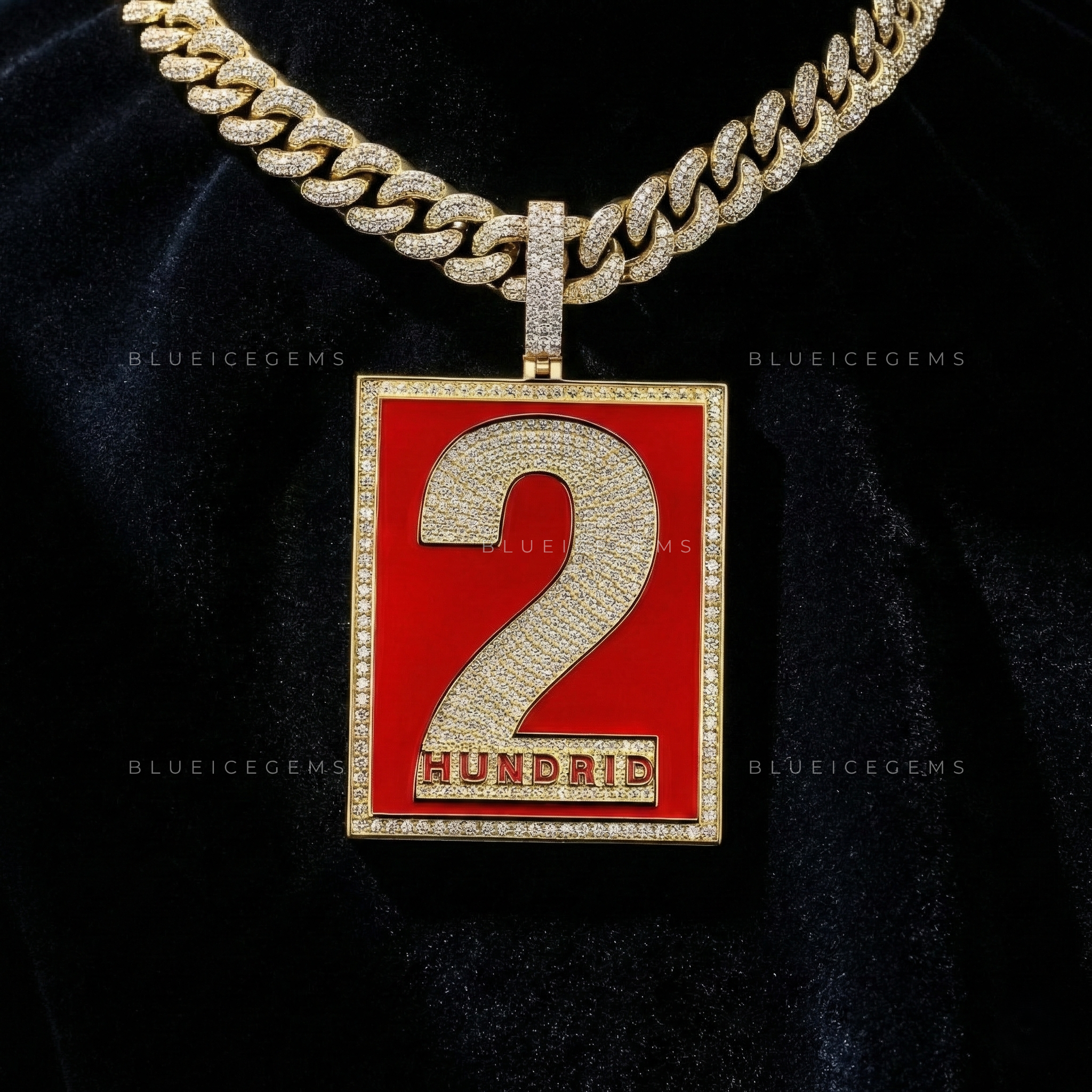 The "2 HUNDRID" Crimson Tablet: Enamel Mosaic & Iced-Out Numerology Pendant