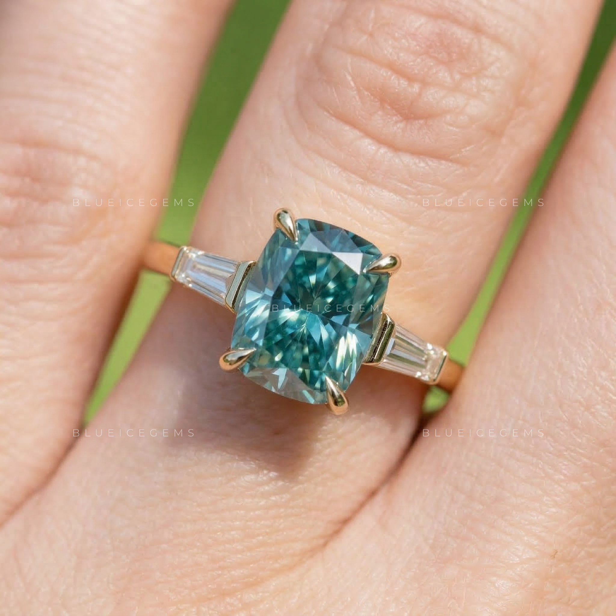 Cerulean Sky Elongated Cushion Tapered Baguette Ring
