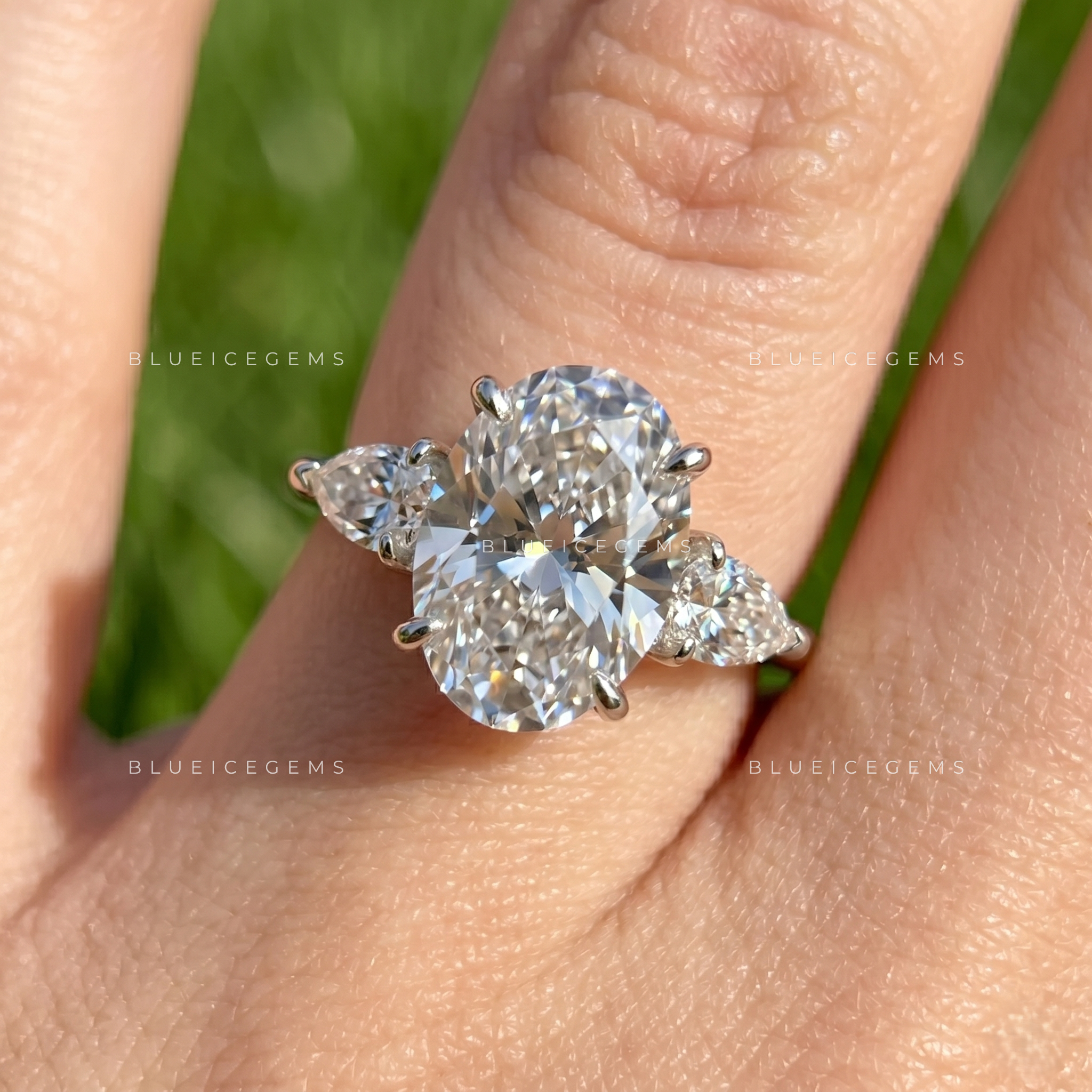 Enchanting Radiance Oval Pear Three Stone Engagement Ring