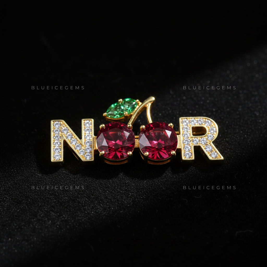 The "NOOR" Cherry Blossom: Crimson Garnet & Emerald Leaf Nameplate