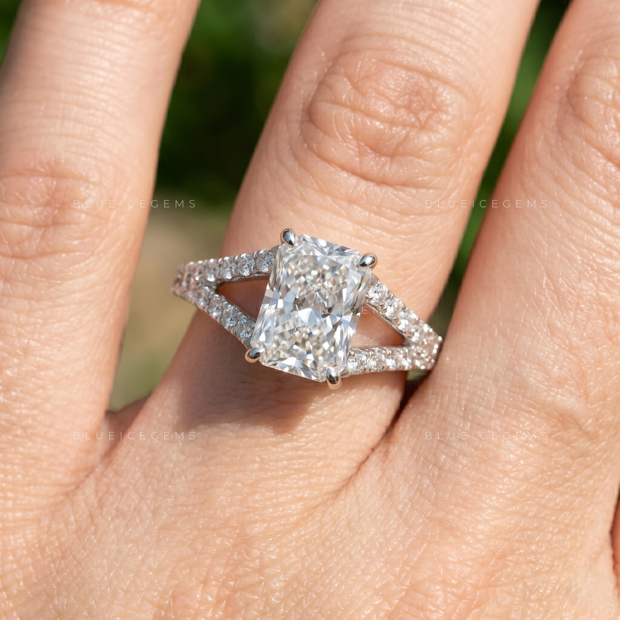 Sophisticated Radiant Brilliant Cut Cathedral Split Shank Statement Ring