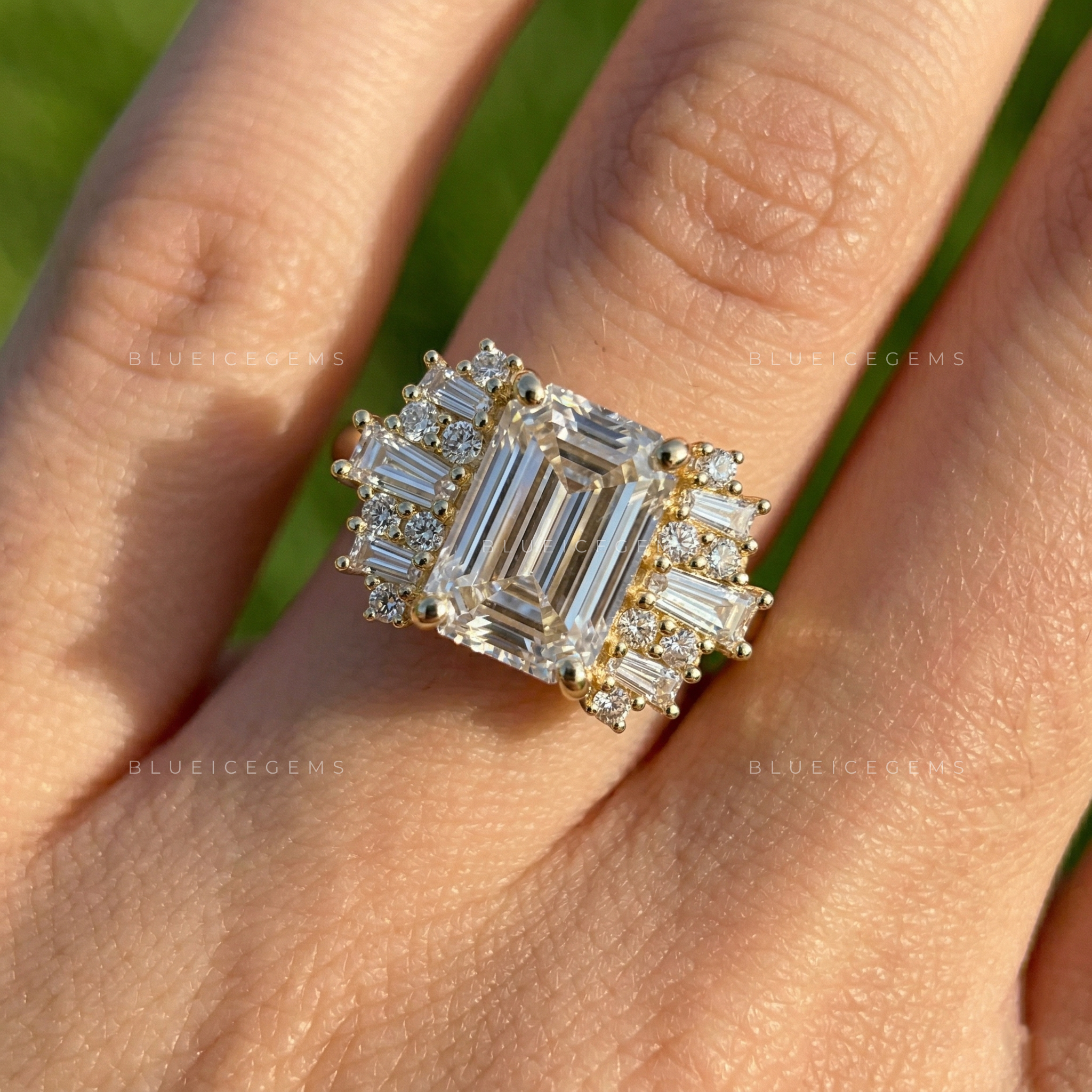Sophisticated Emerald Cut Three Stone Side Tapered Baguette Engagement Ring