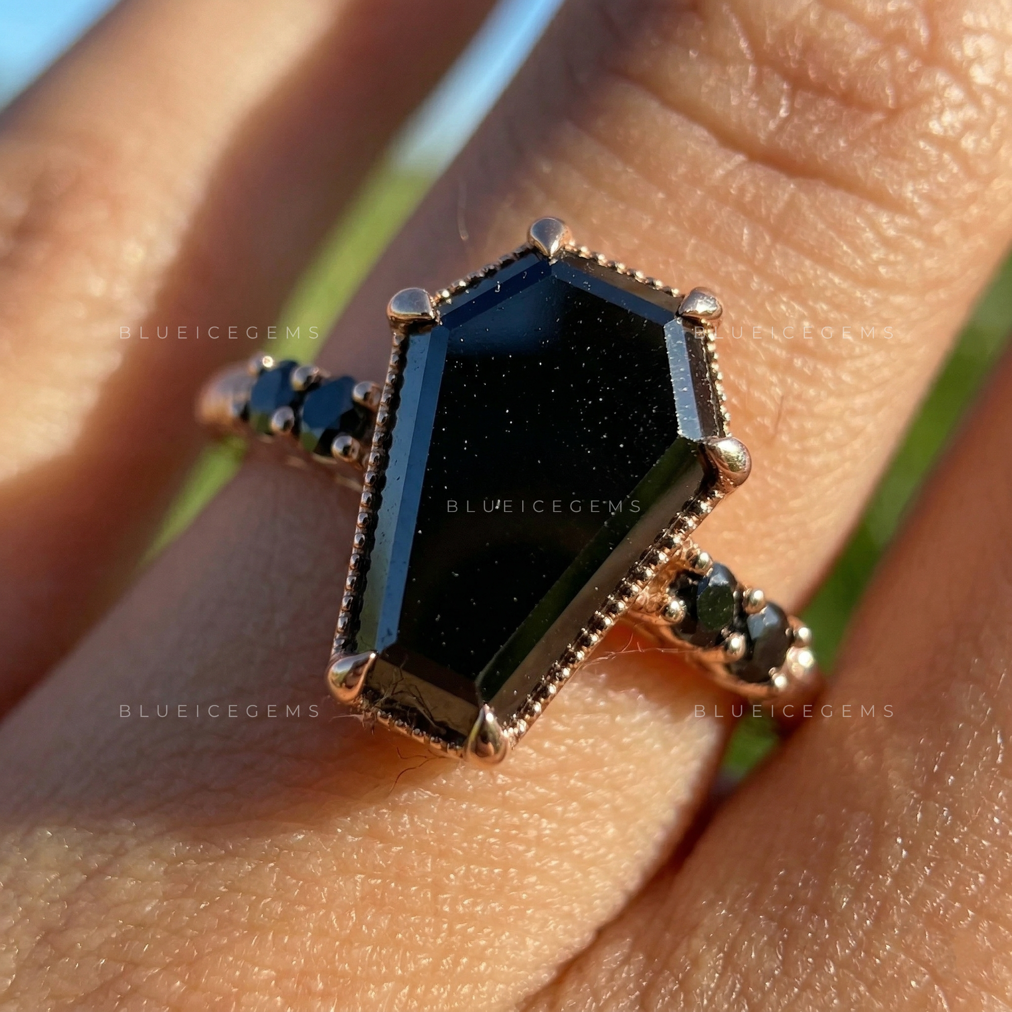 Midnight Shadows Coffin Cut Black Moissanite Trilogy Ring