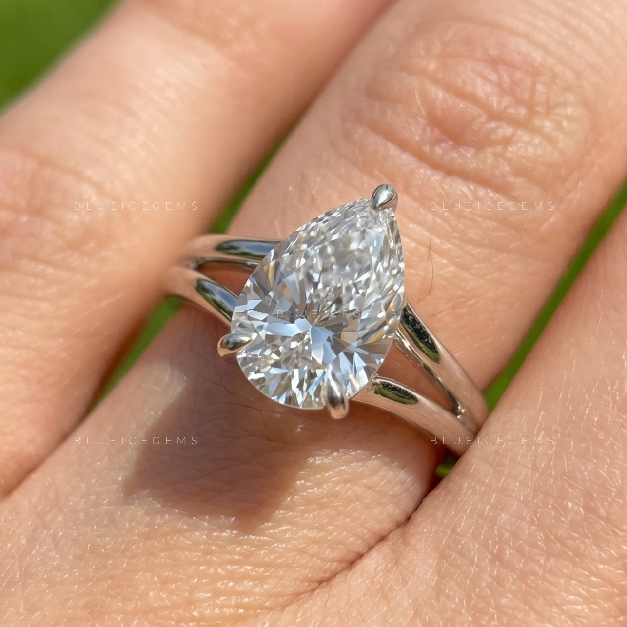 Graceful Majesty Pear Cut Split Shank Hidden Halo Engagement Ring